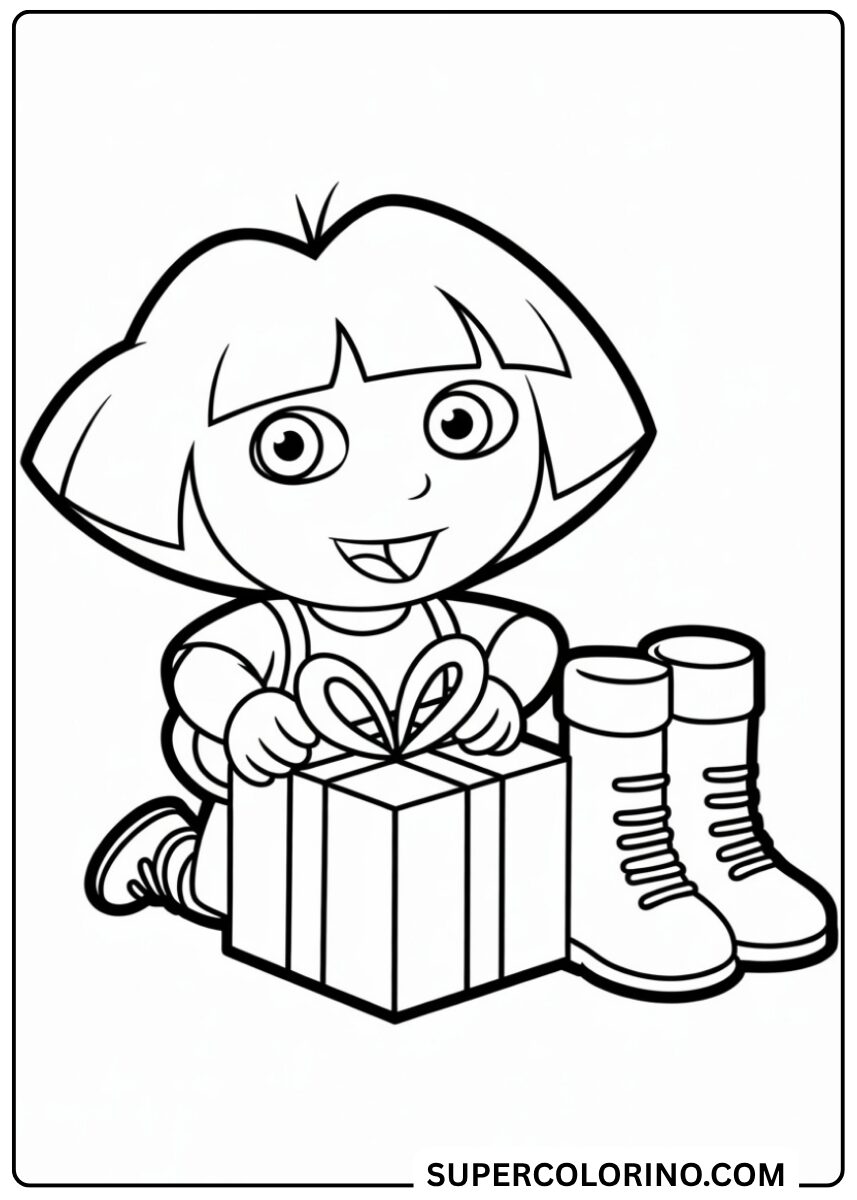 Malvorlage von Dora mit der Geschenkbox