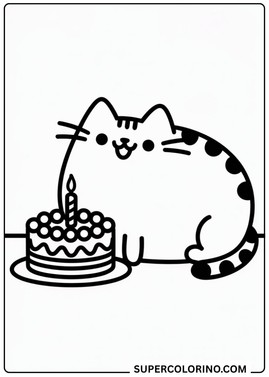 Malvorlage von Pusheen mit Geburtstagstorte