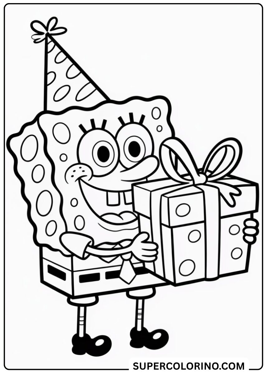 Malvorlage von SpongeBob mit dem Geschenk