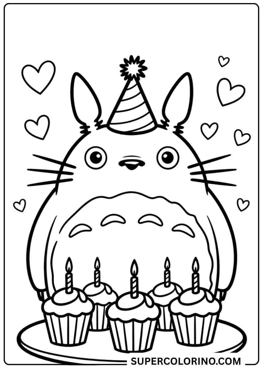 Malvorlage von Totoro mit Geburtstags-Cupcake