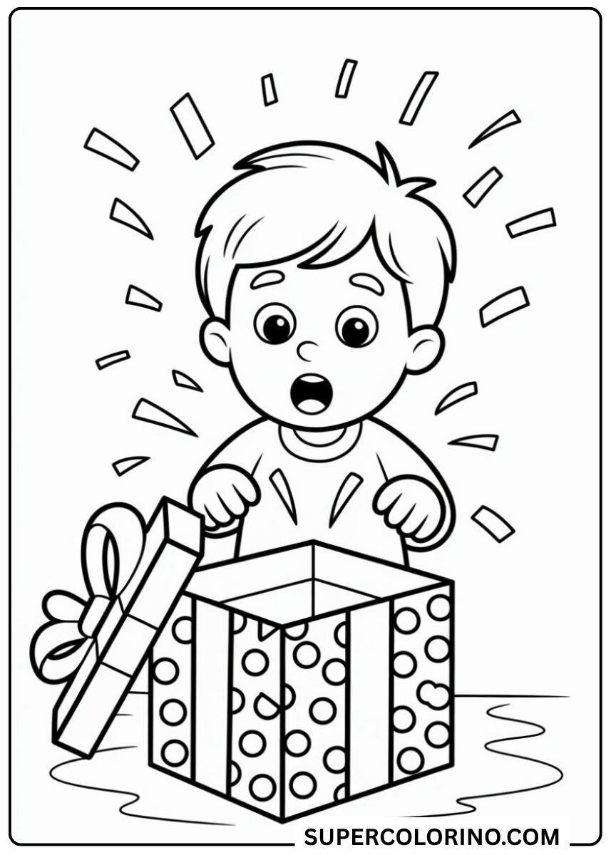 Malvorlage eines kleinen Mädchens, das ein Geschenk öffnet