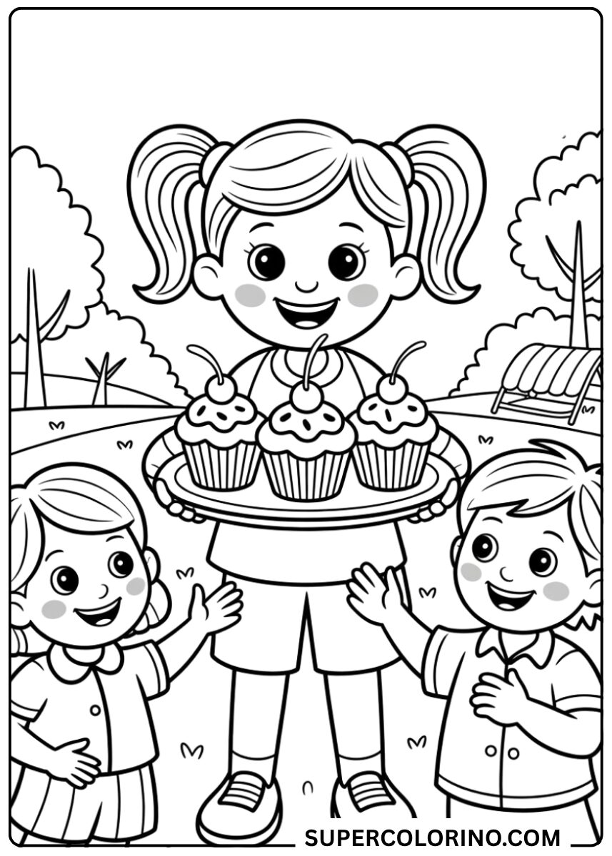 Malvorlage eines kleinen Mädchens mit Cupcake