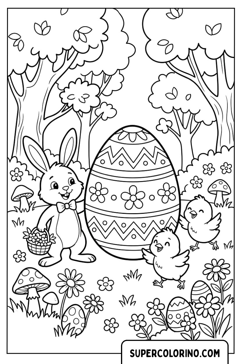Disegno del coniglietto di Pasqua e pulcini con un uovo gigante da colorare