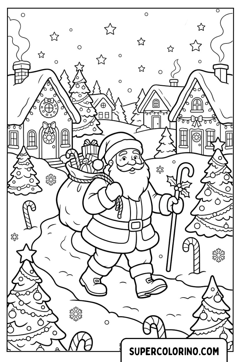 Disegno di Babbo Natale che cammina nel villaggio innevato da colorare