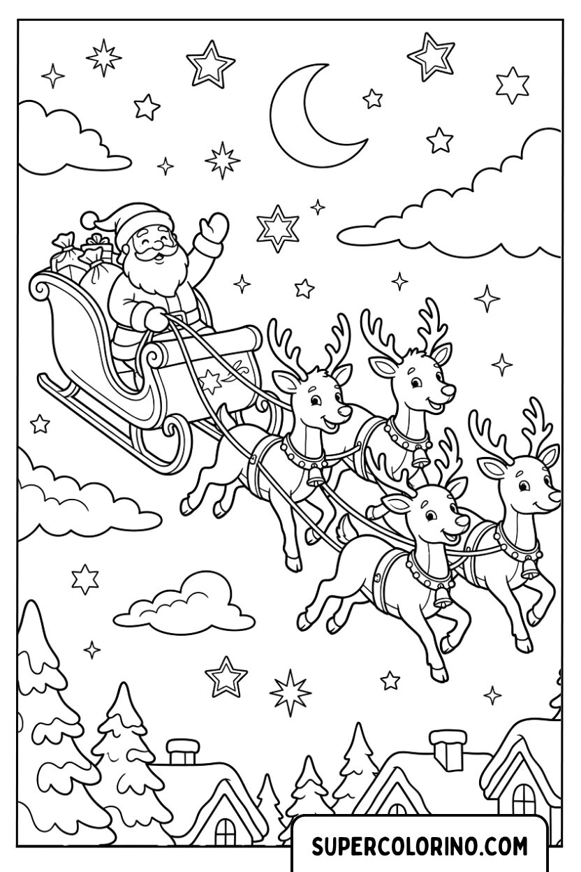 Disegno di Babbo Natale sulla slitta nel cielo notturno da colorare