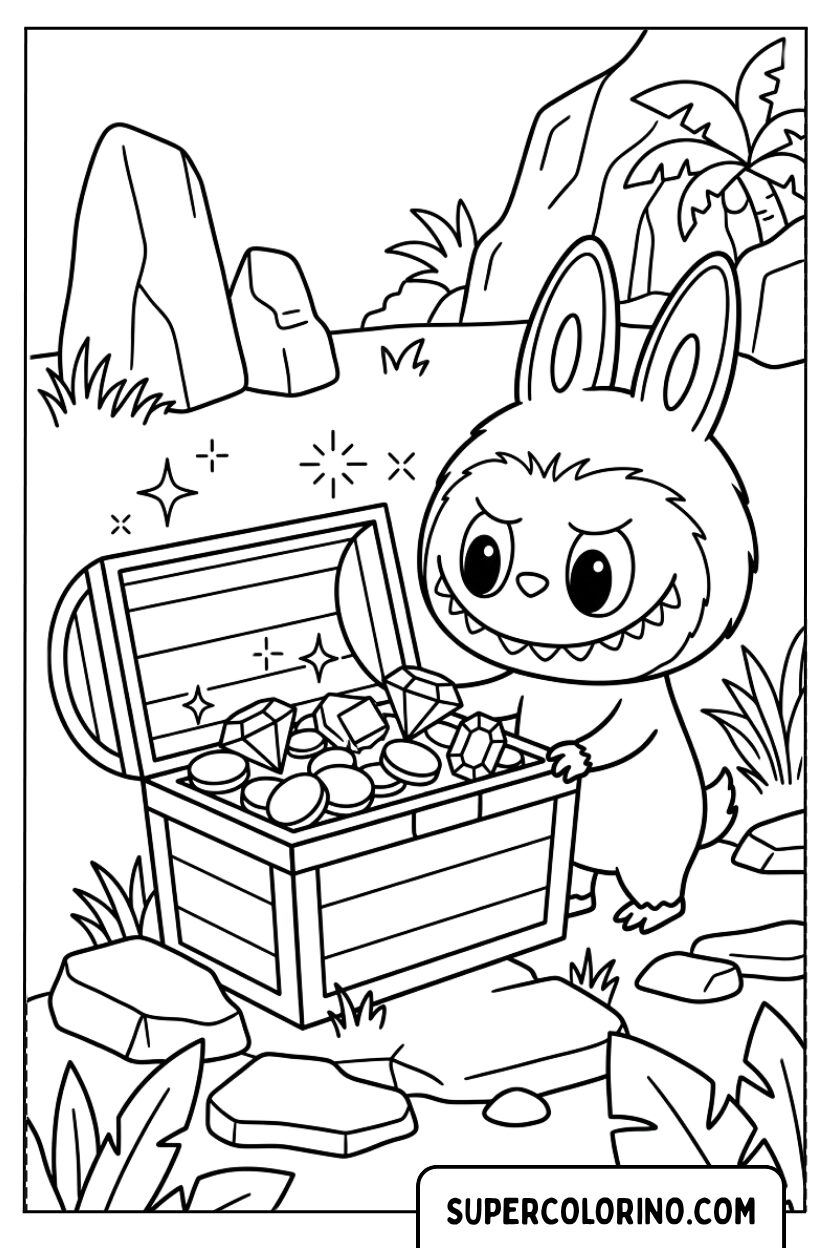 Disegno di Labubu che scopre un baule del tesoro da colorare