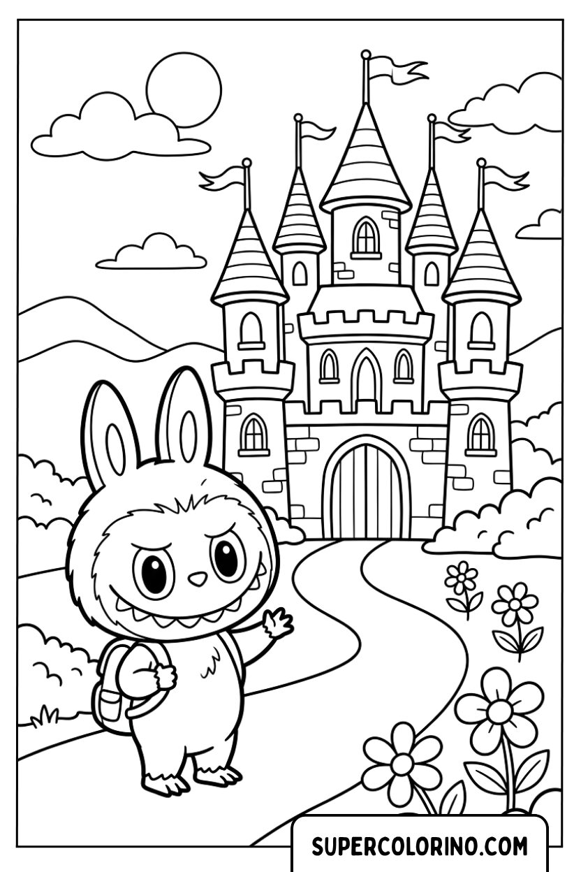 Disegno di Labubu davanti a un castello fiabesco da colorare