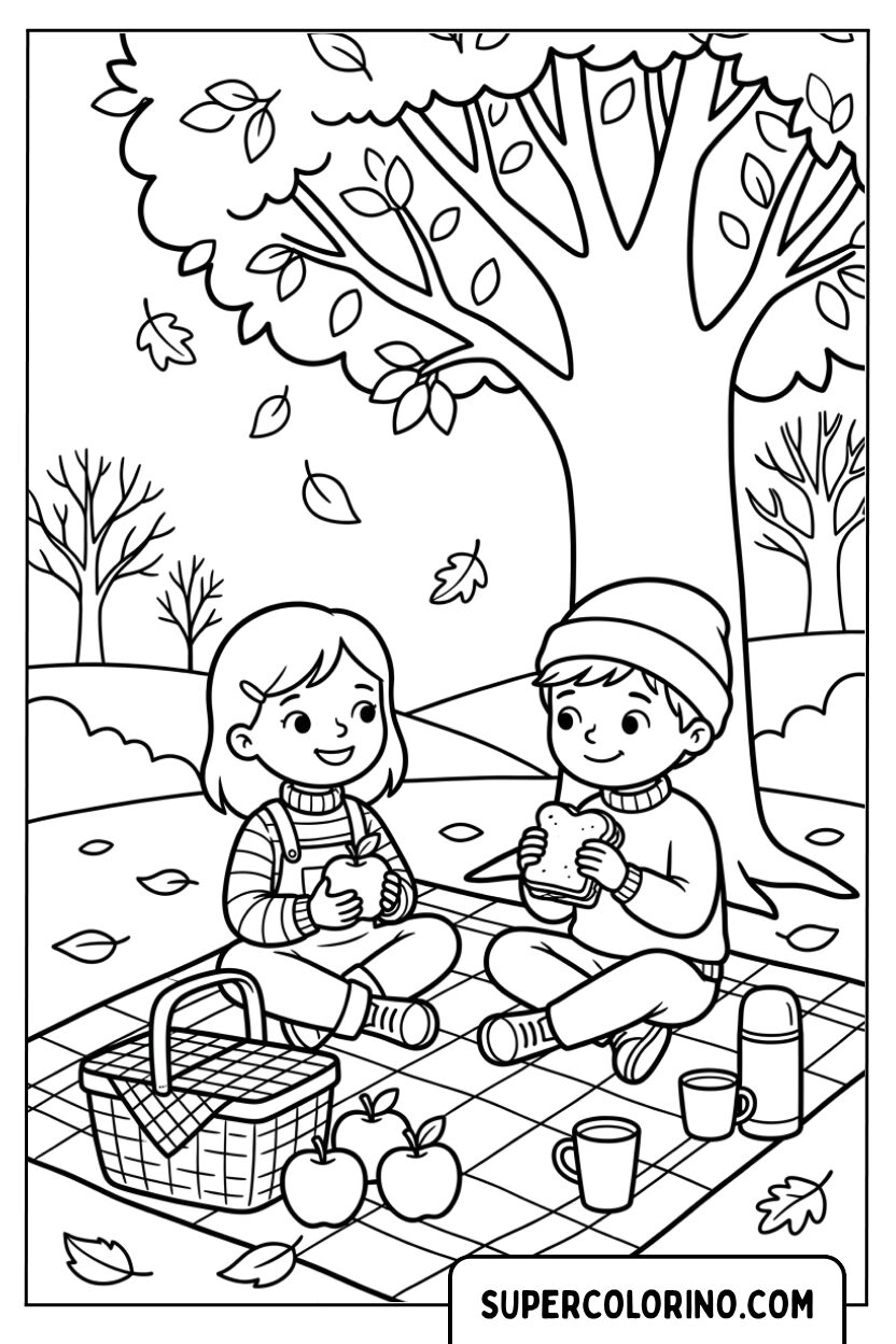 Disegno di bambini che fanno un picnic autunnale da colorare