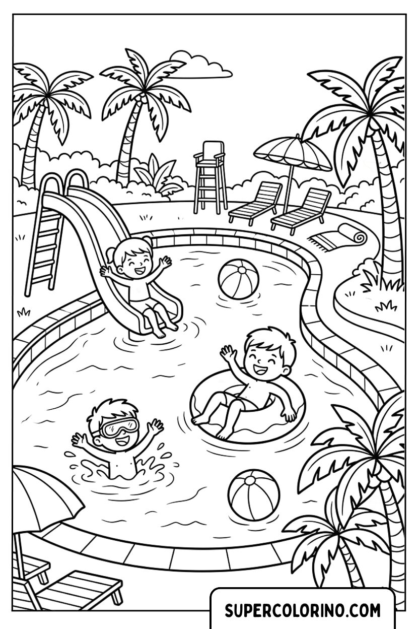 Ausmalbild von Kindern, die im Schwimmbad spielen