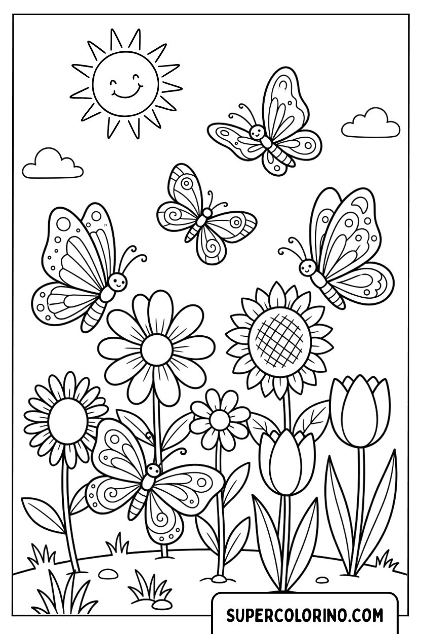 Disegno di farfalle che volano sopra un campo di fiori da colorare
