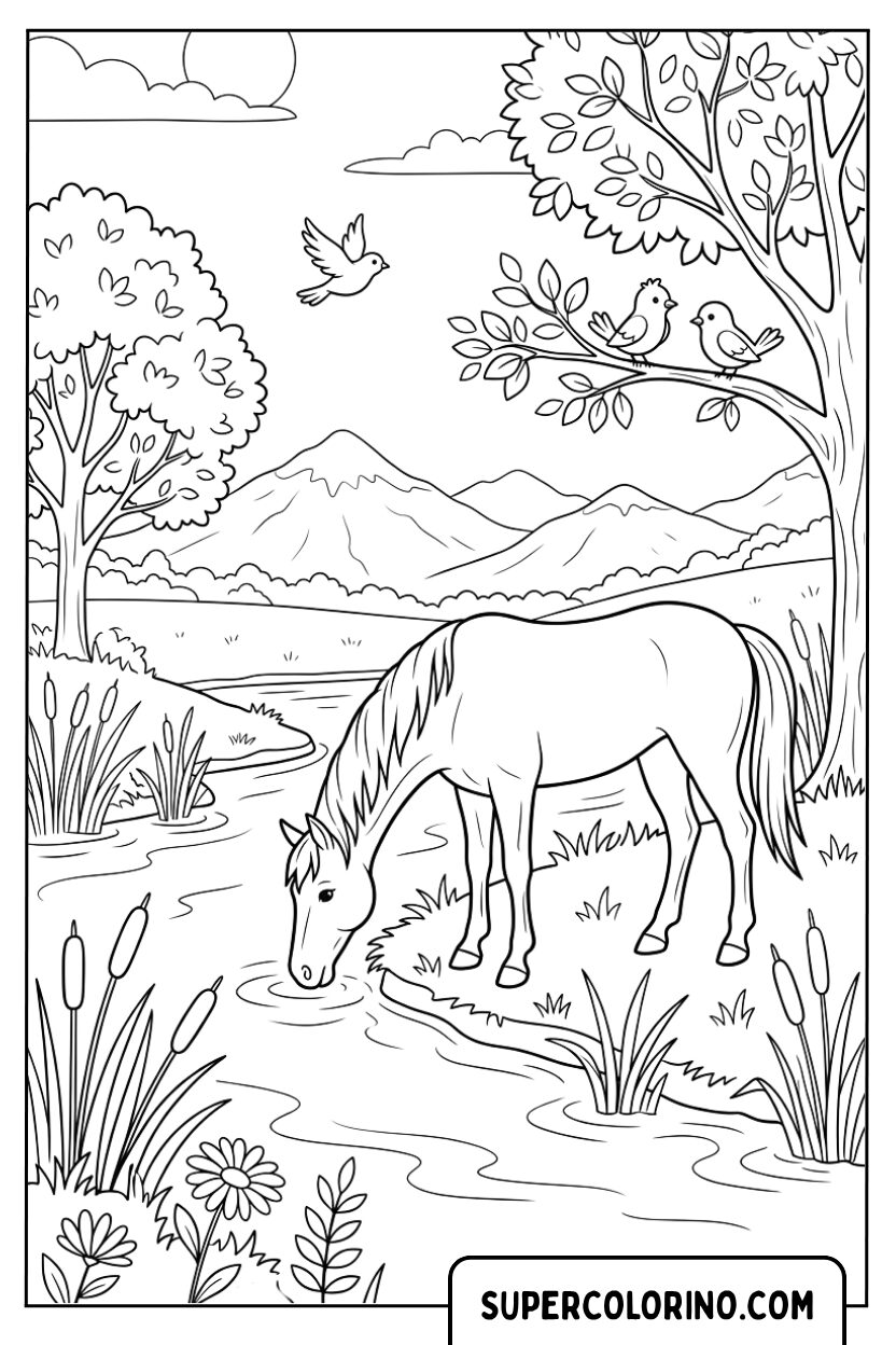 Dessin d’un cheval buvant à un ruisseau à colorier