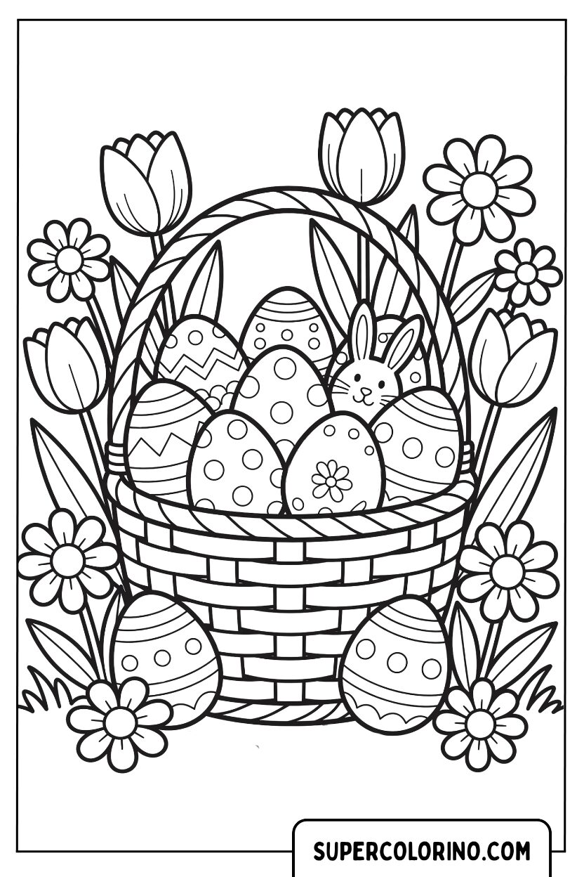 Disegno di un cesto di uova di Pasqua con un piccolo coniglietto da colorare