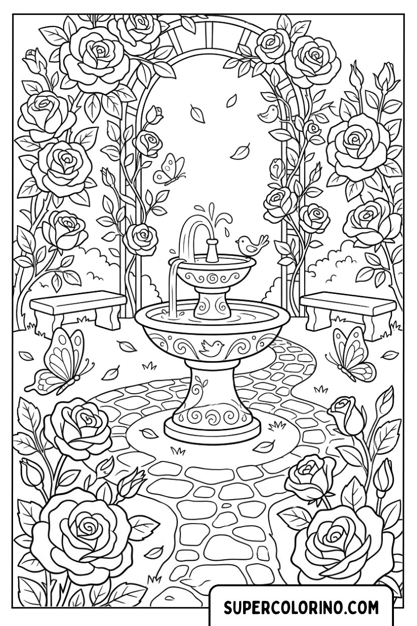 Disegno di un giardino di rose fiabesco con fontana da colorare