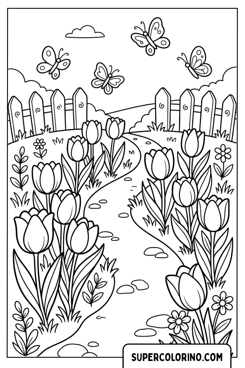 Disegno di un giardino di tulipani con farfalle da colorare