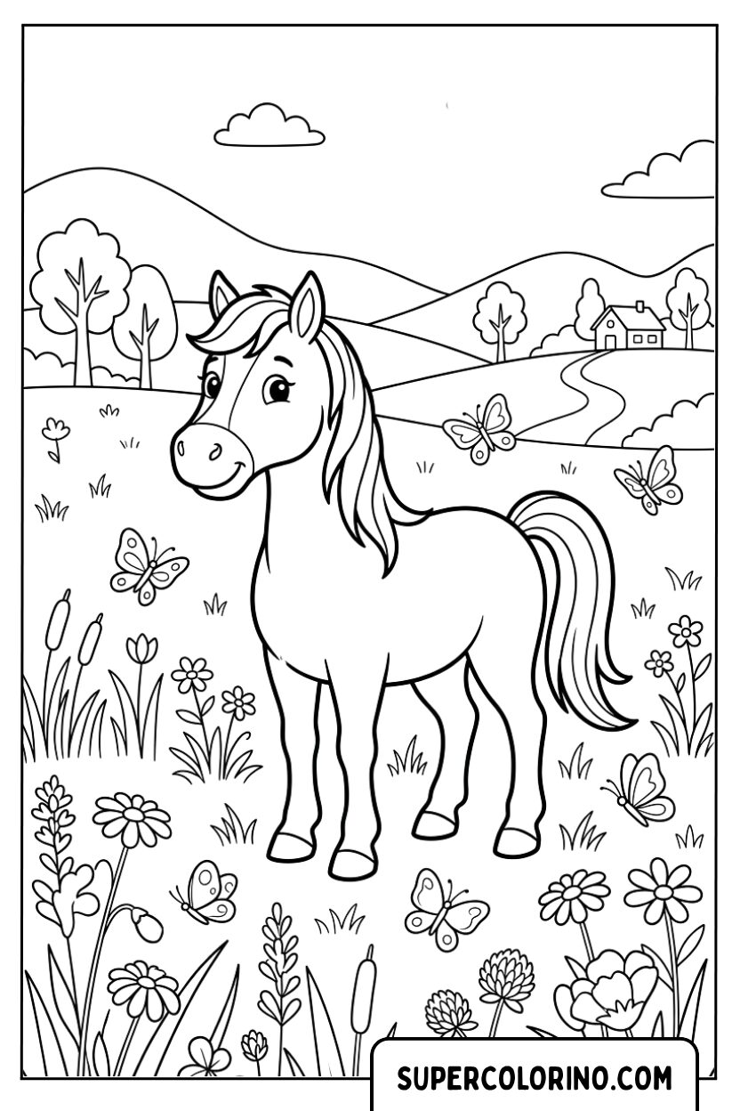 Dessin d’un petit cheval dans une prairie fleurie à colorier