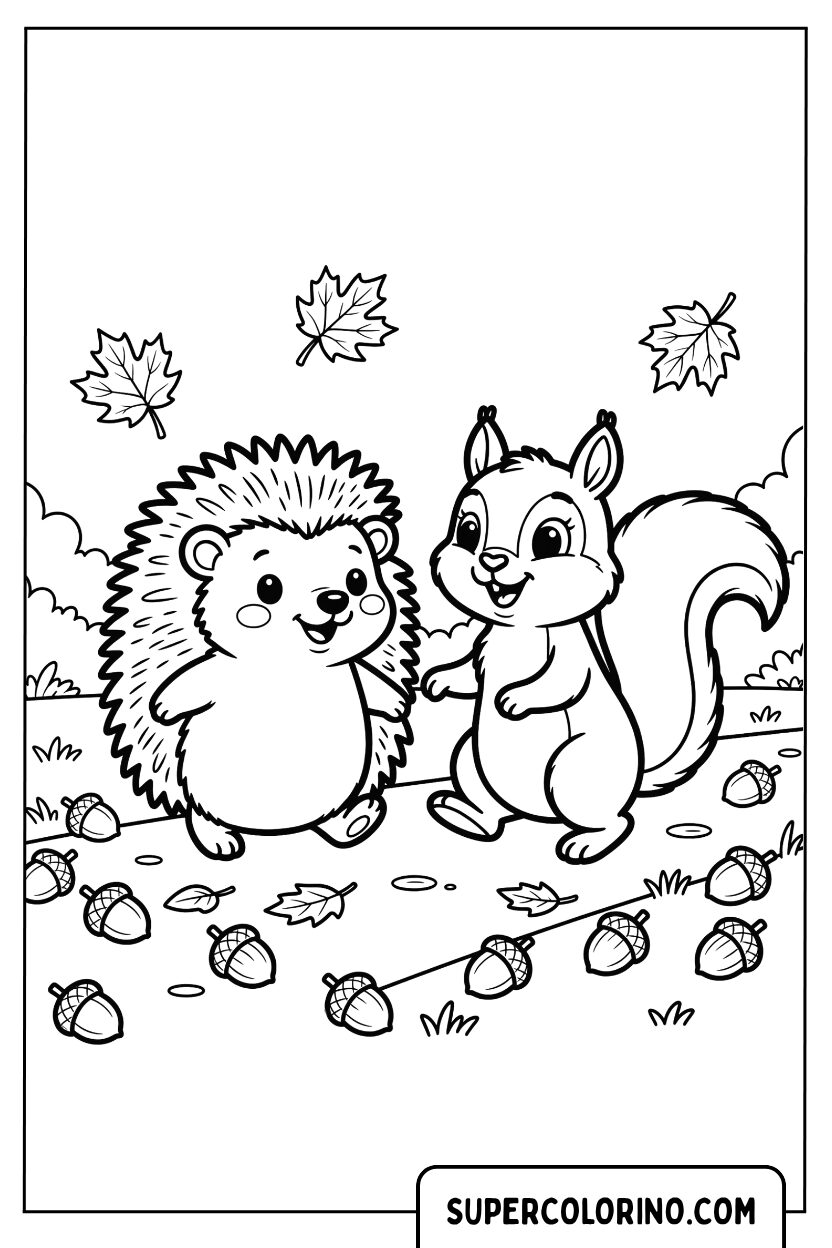 Disegno di un riccio e uno scoiattolo in autunno da colorare