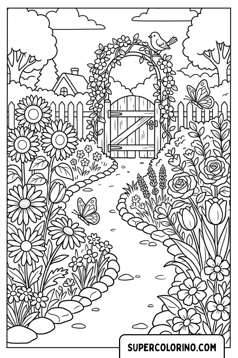 Disegno di un sentiero fiorito con un arco da colorare