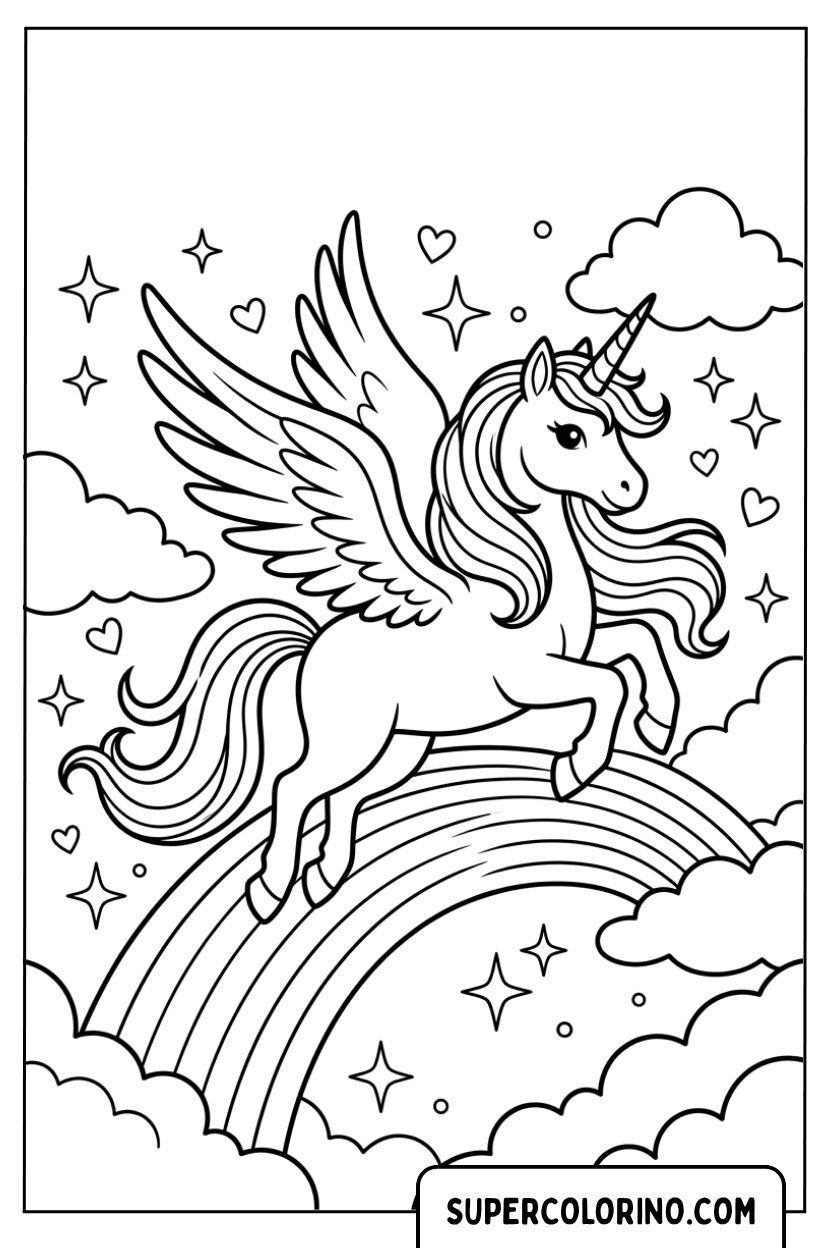 Dessin d’une licorne ailée au-dessus de l’arc-en-ciel à colorier