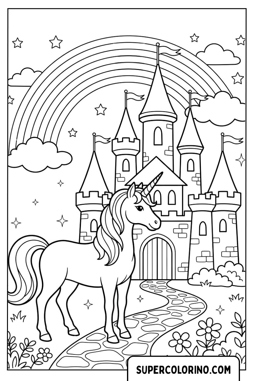 Dessin d’une licorne devant un château enchanté à colorier