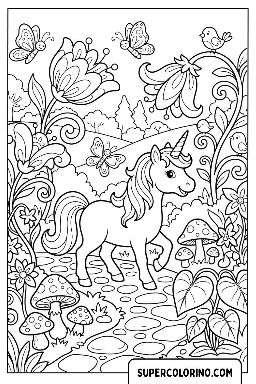 Dessin d’une licorne dans un jardin magique à colorier