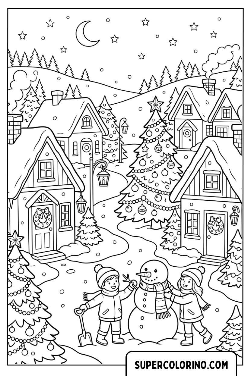 Disegno di un villaggio di Natale con bambini che giocano da colorare