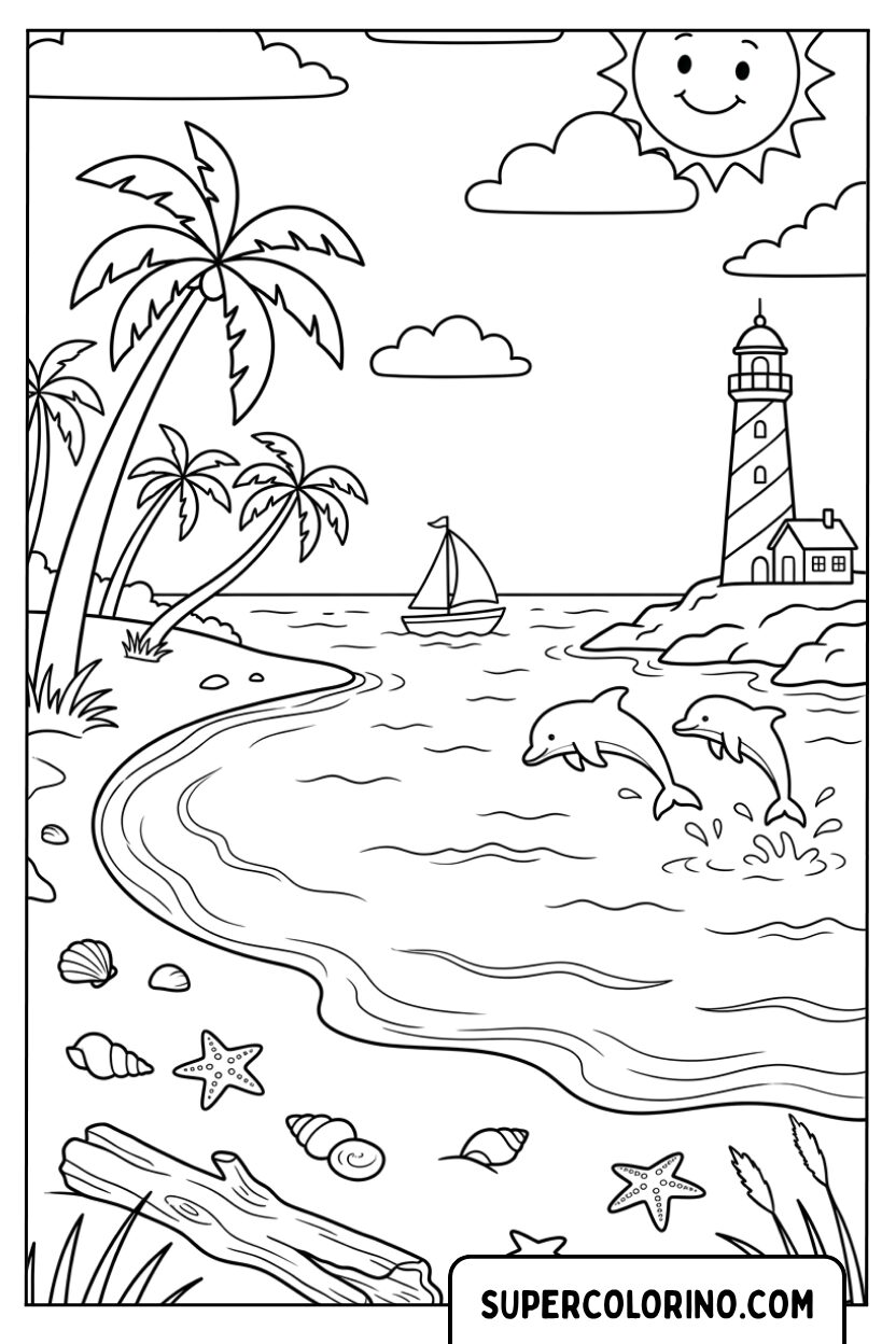 Ausmalbild einer Bucht mit Leuchtturm und Delfinen