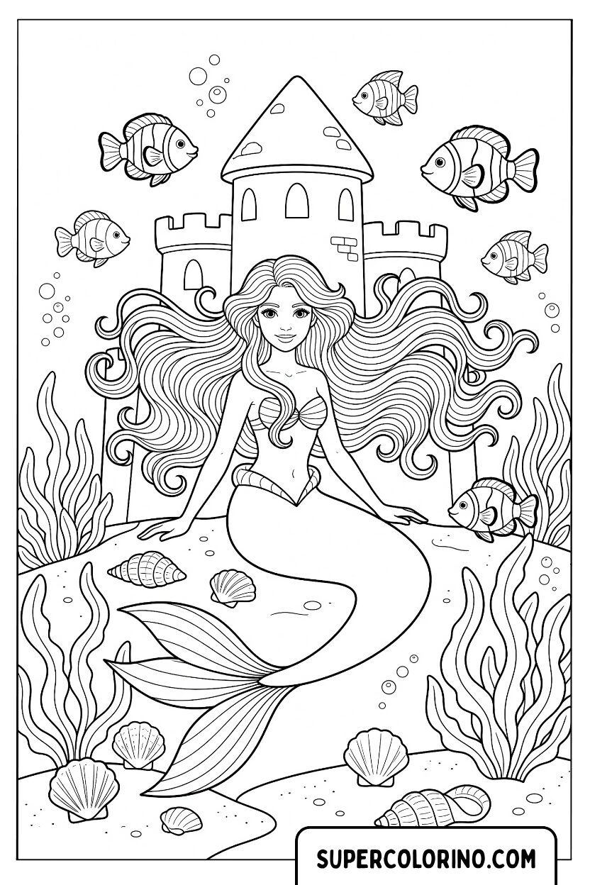 Disegno di una bellissima sirena davanti al castello da colorare