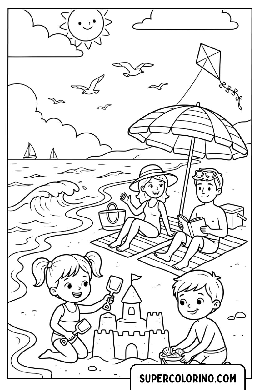 Ausmalbild einer Familie beim Bauen von Sandburgen