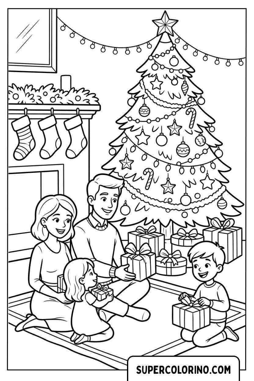 Disegno di una famiglia che scarta regali davanti all'albero da colorare