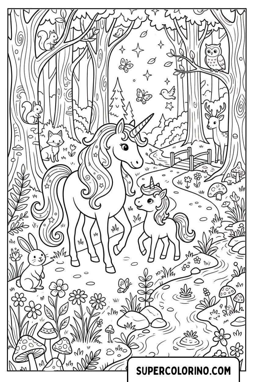 Dessin d’une famille de licornes dans la forêt à colorier
