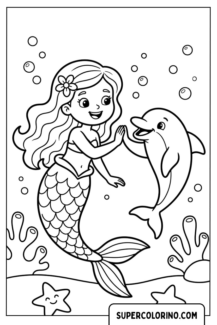 Sirena che gioca con un delfino da colorare
