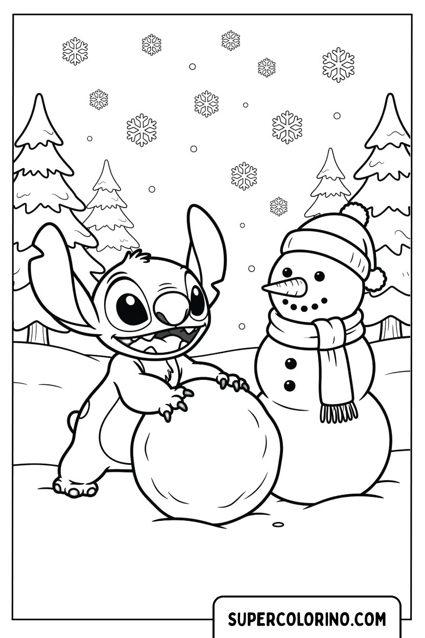 Stitch e il pupazzo di neve da colorare