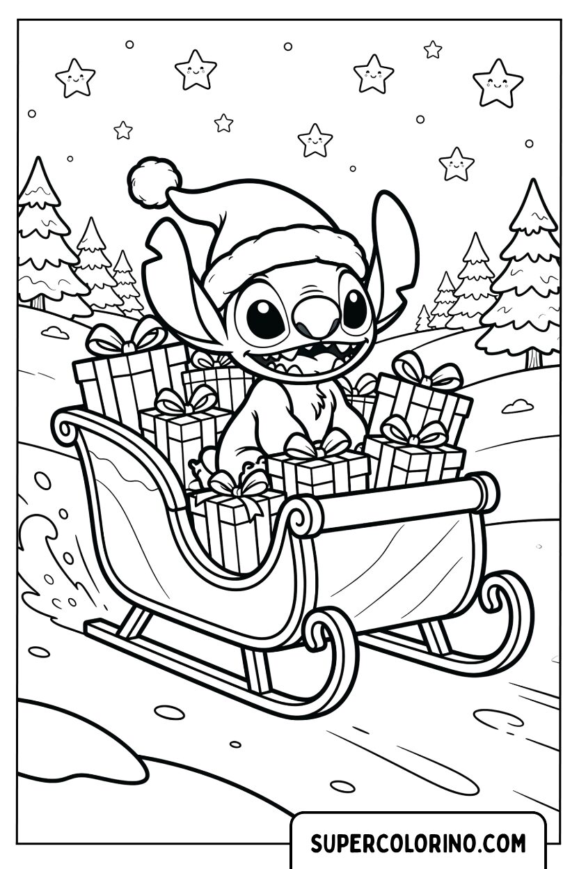Stitch sulla slitta di Babbo Natale da colorare
