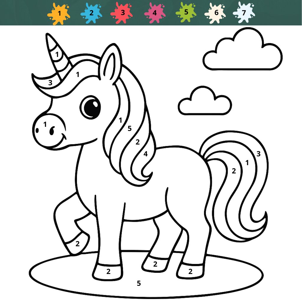 Coloriage d'une licorne arc-en-ciel sur un pré