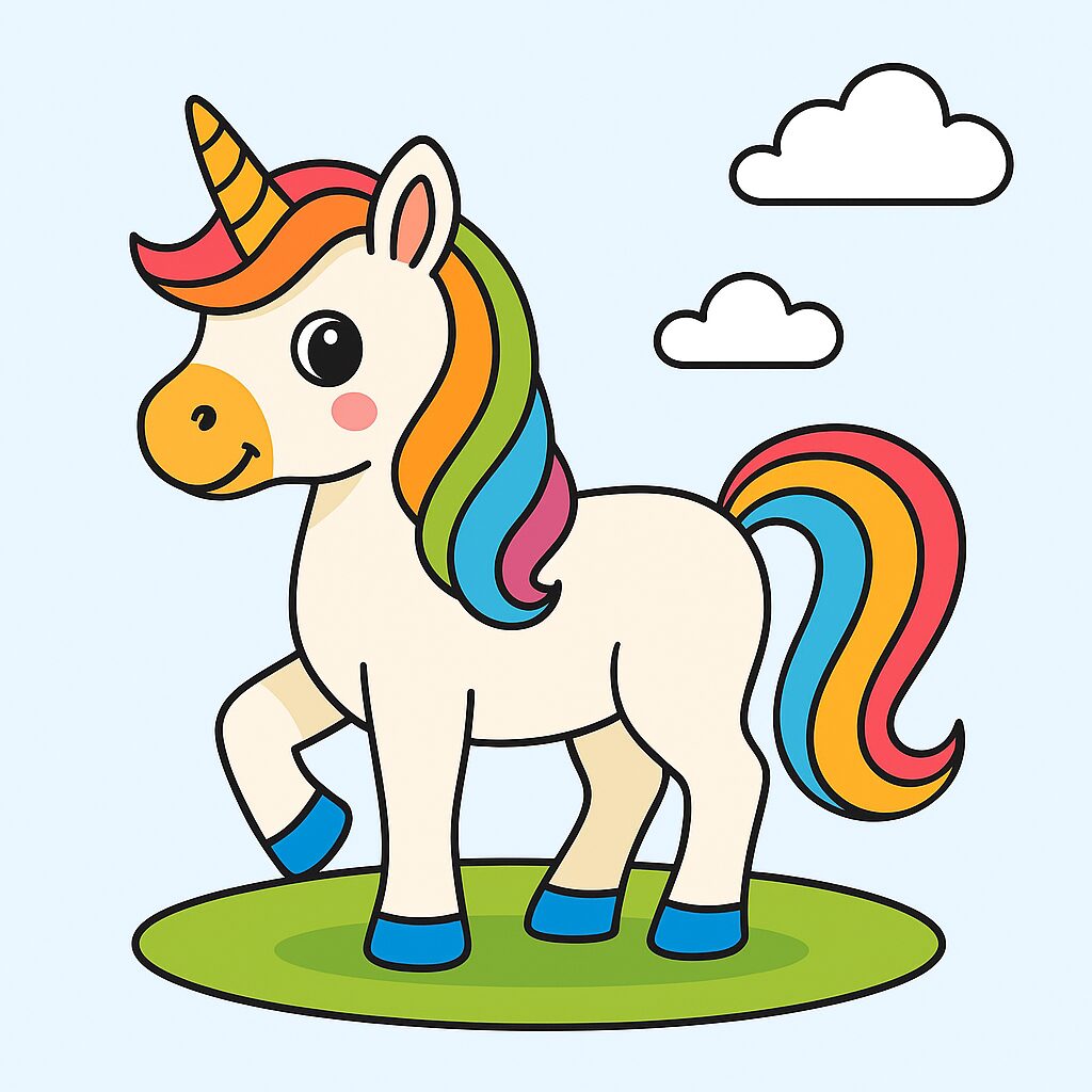 Coloriage d'une licorne arc-en-ciel sur un pré