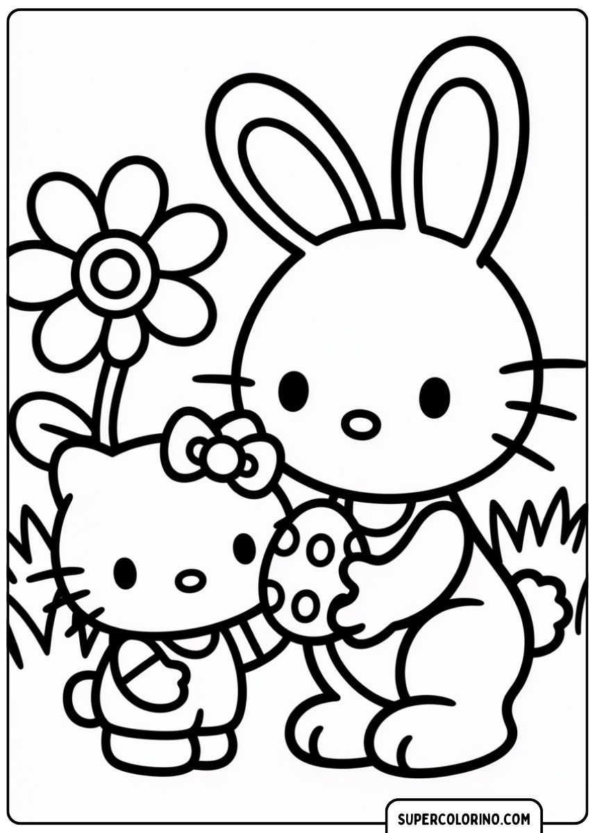 Osterhase und Hello Kitty mit verziertem Ei.