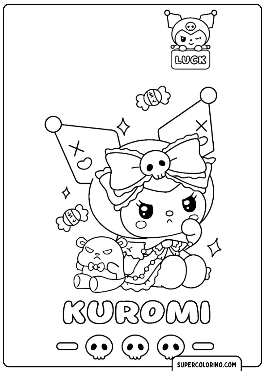 Kuromi sitzt neben einem entzückenden Teddybären und spielt zusammen.