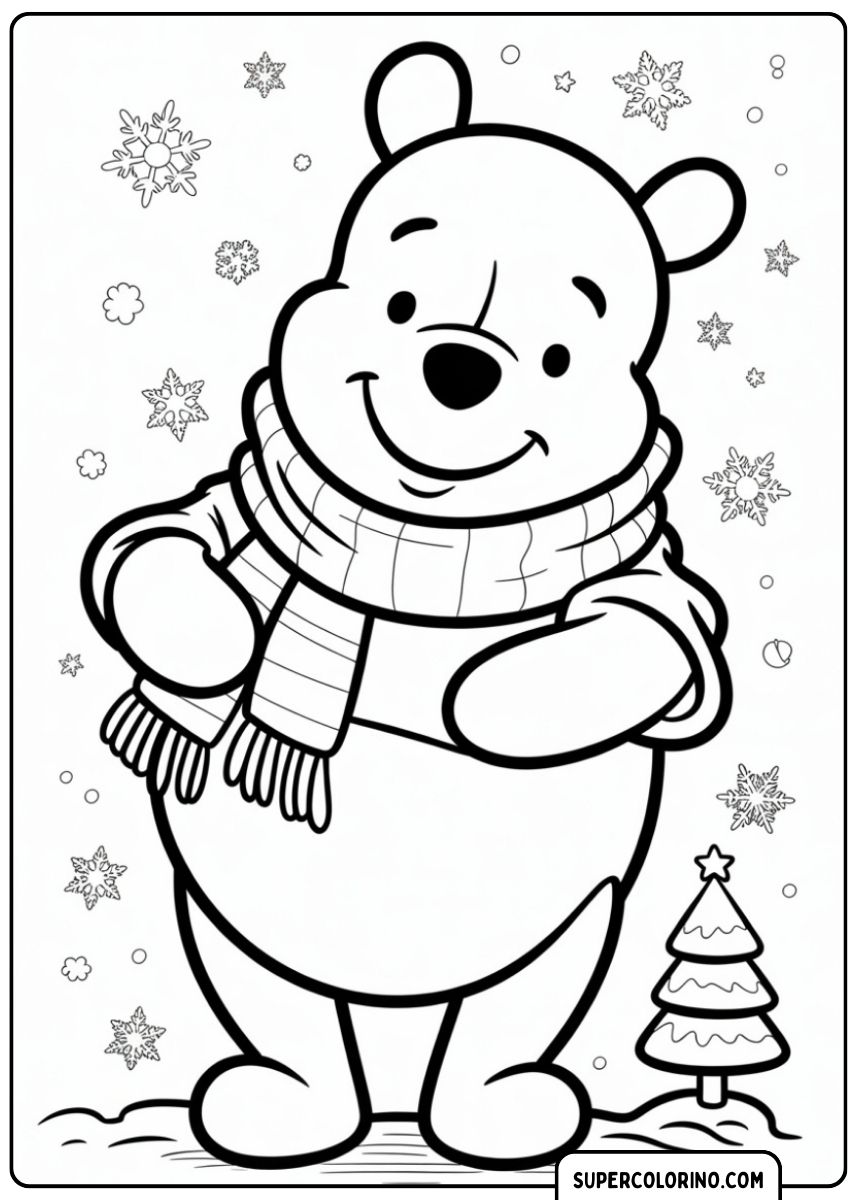 Coloriage Winnie l'ourson en hiver.