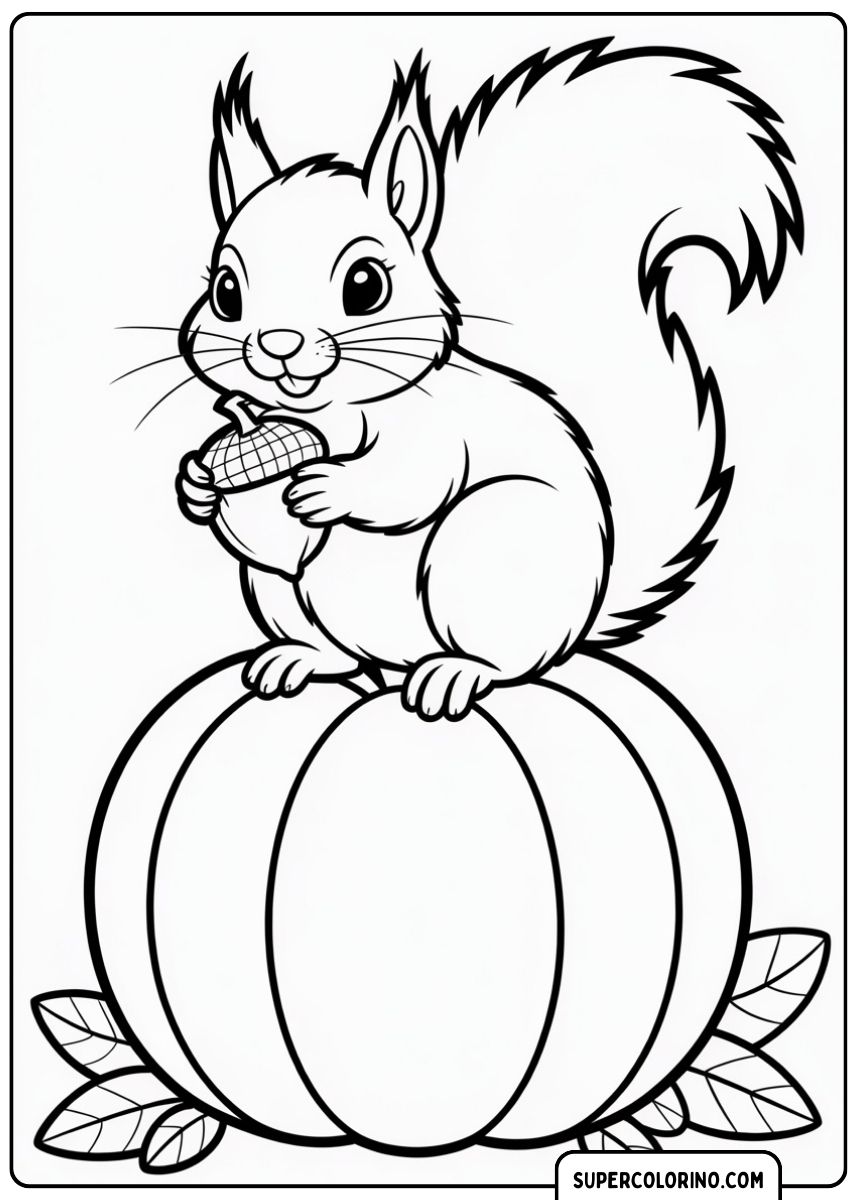 Disegno da colorare di uno scoiattolo felice accanto a una zucca