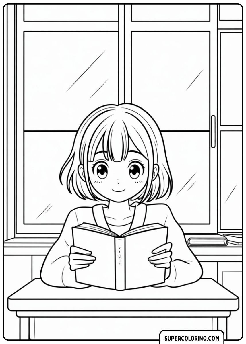 Fille lisant un livre en classe.