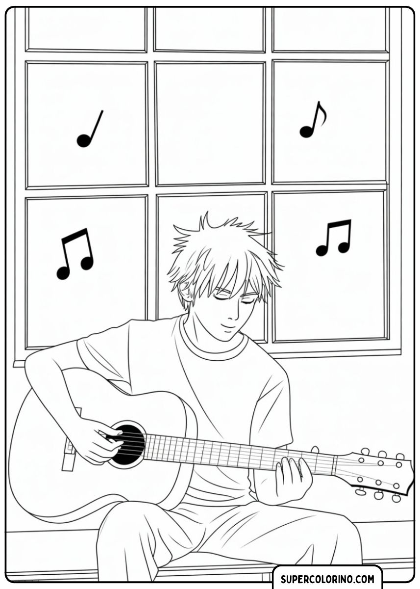 Un garçon joue de la guitare près de la fenêtre.