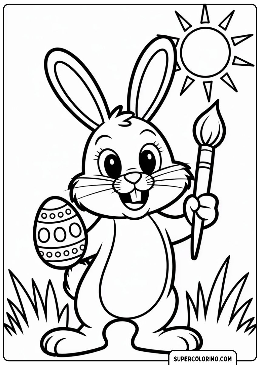 Osterhase malt bunte Muster auf ein großes Ei.