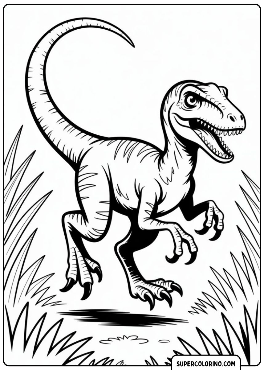 Kleurplaat van een rennende dinosaurus.