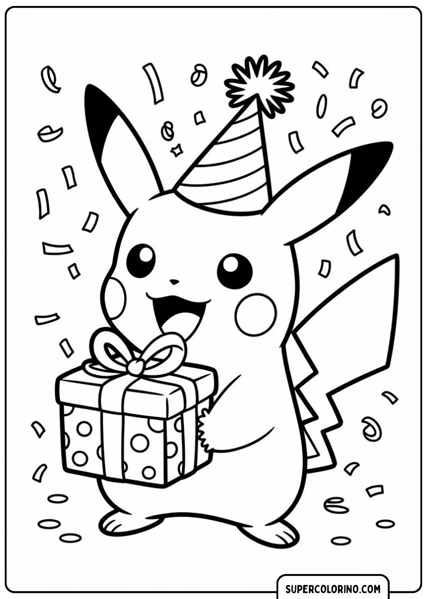 Pikachu met een verjaardagscadeau.