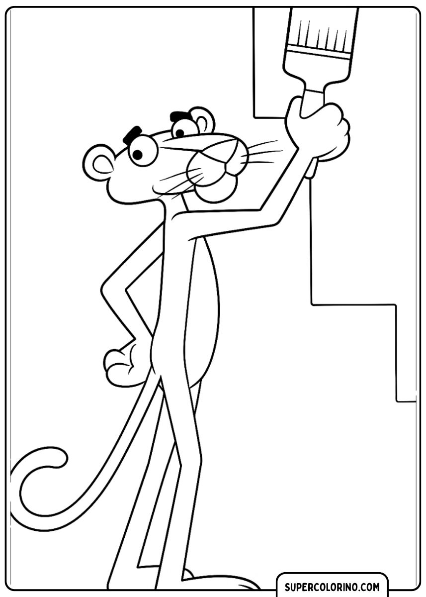 Coloriage La Panthère Rose peignant un mur avec un pinceau, style dessin animé.
