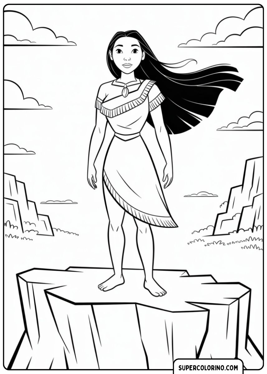 Image colorée de Pocahontas debout avec détermination sur une falaise dans une gorge.