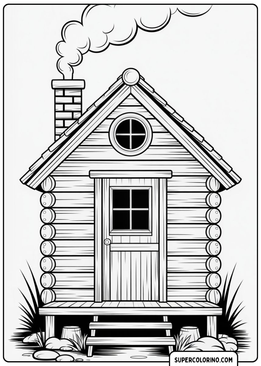 Ein Holzhaus mit einem traditionellen dreieckigen Dach.