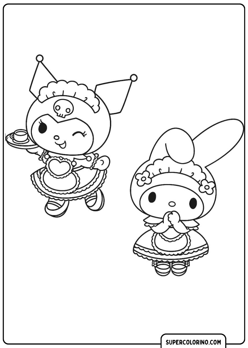 Malvorlage von Kuromi und My Melody in süßen Dienstmädchen-Outfits.