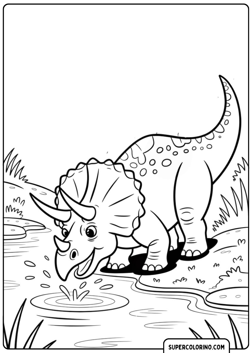 Kleurplaat van het drinkwater van een dinosaurus.