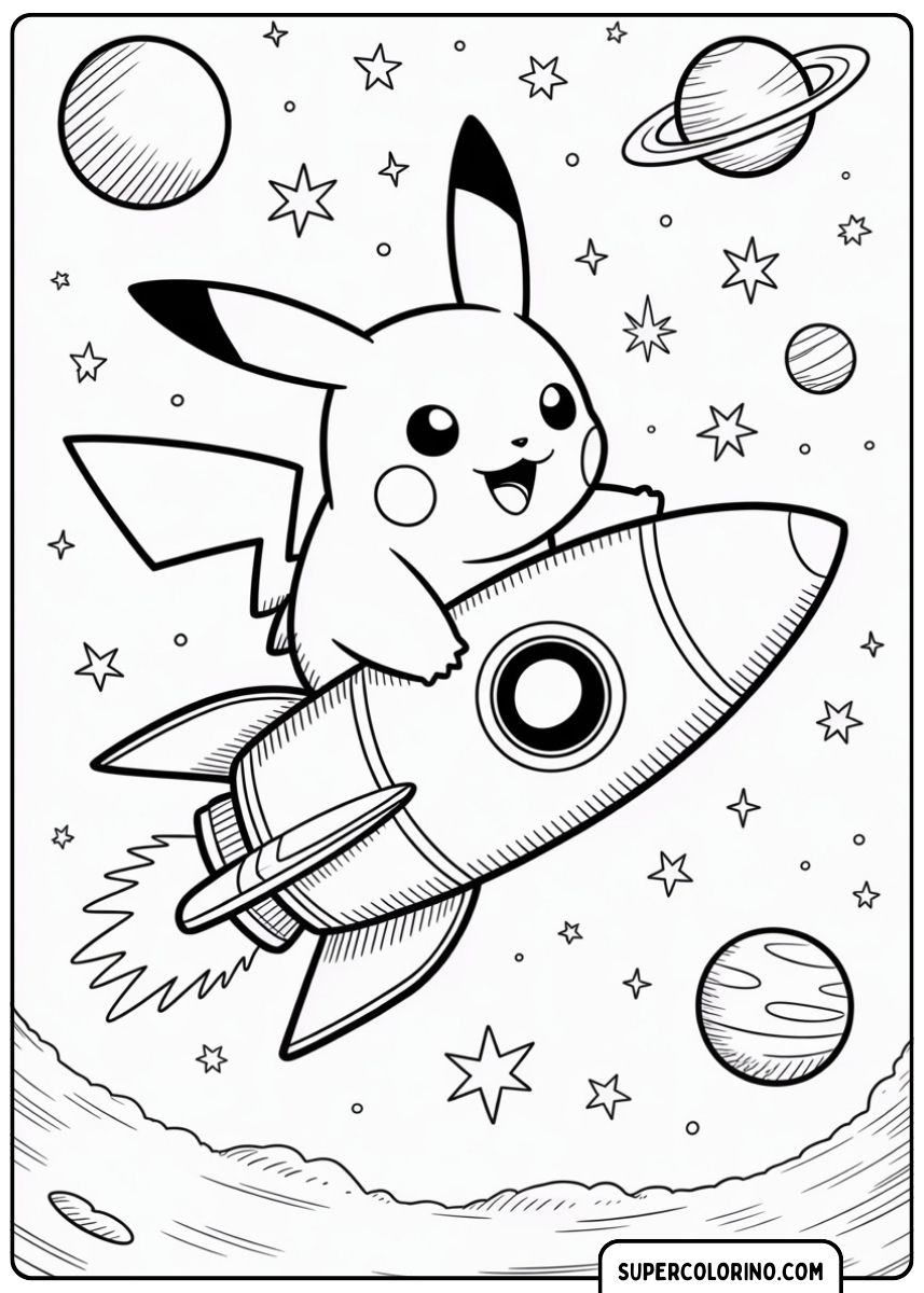 Pikachu op een raket in de ruimte.